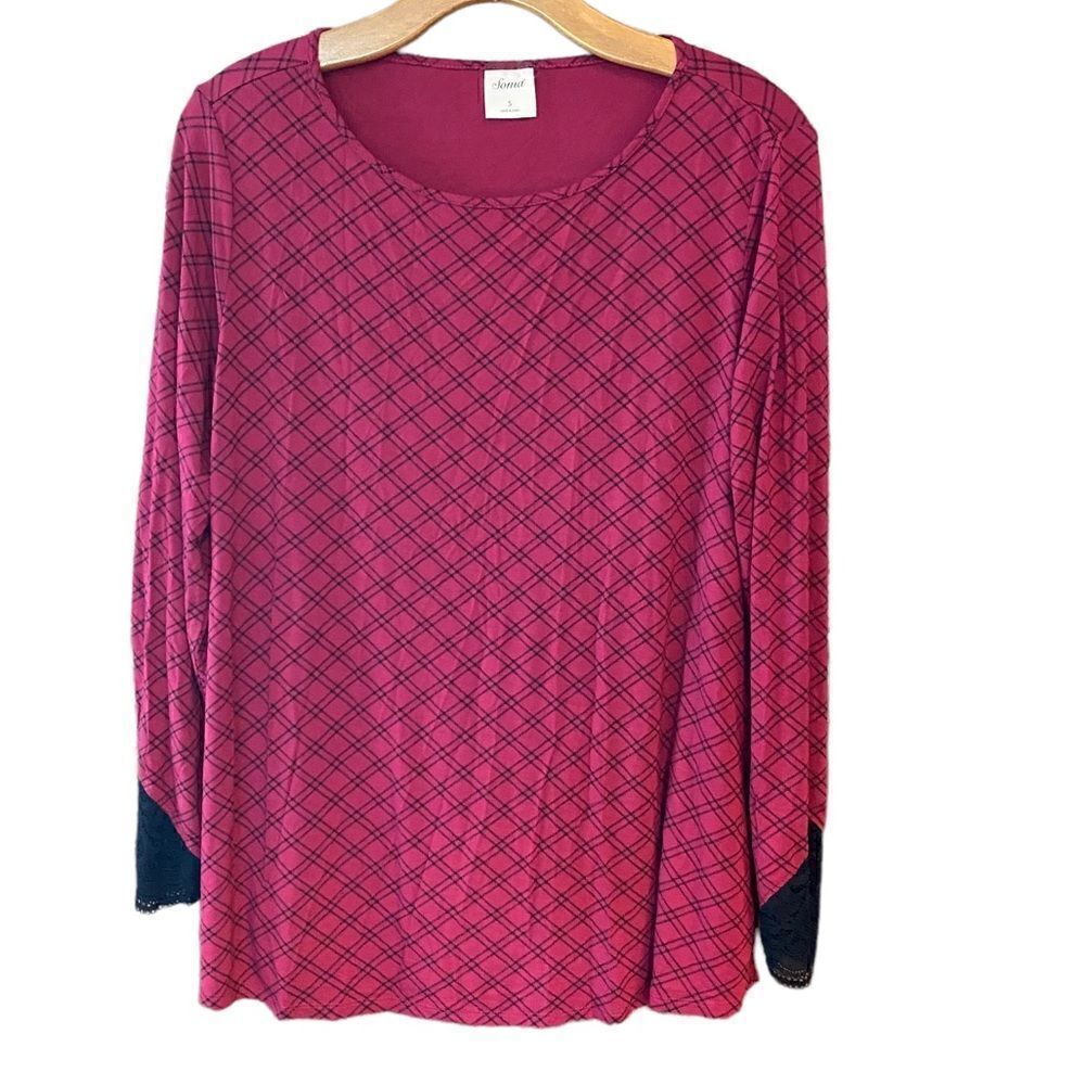 Soma Sz S Maroon Black Lace Cuff Sleeves Loungewear Soft Top